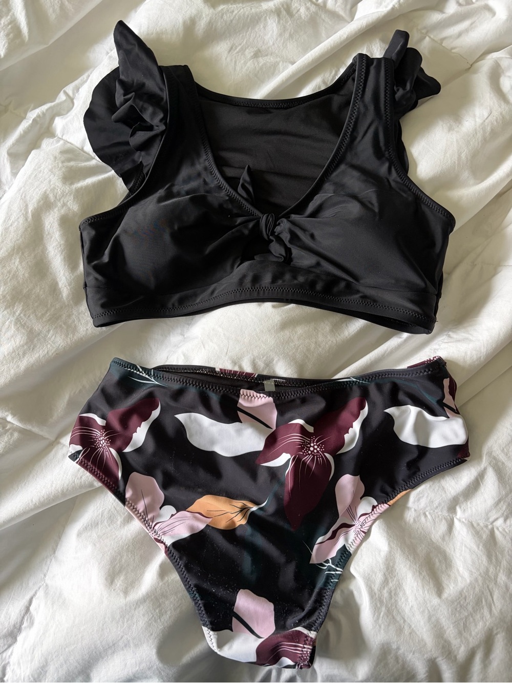 Cupshe Black Ruffle-Shoulder Bikini with Floral Print Bottoms